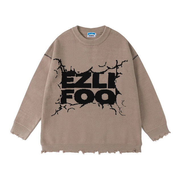 Wiaofellas Lightning Letter Print Autumn Baggy Woolen Sweater for Men and Women Vintage Streetwear Y2k Ropa Hombre Knitted Clothes Oversize
