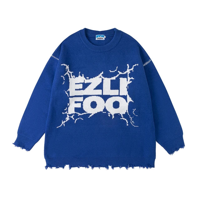 Wiaofellas Lightning Letter Print Autumn Baggy Woolen Sweater for Men and Women Vintage Streetwear Y2k Ropa Hombre Knitted Clothes Oversize