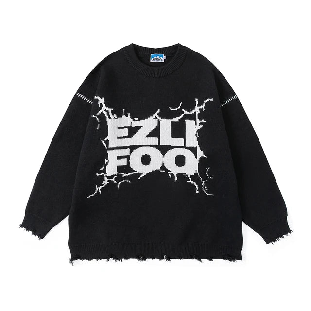 Wiaofellas Lightning Letter Print Autumn Baggy Woolen Sweater for Men and Women Vintage Streetwear Y2k Ropa Hombre Knitted Clothes Oversize