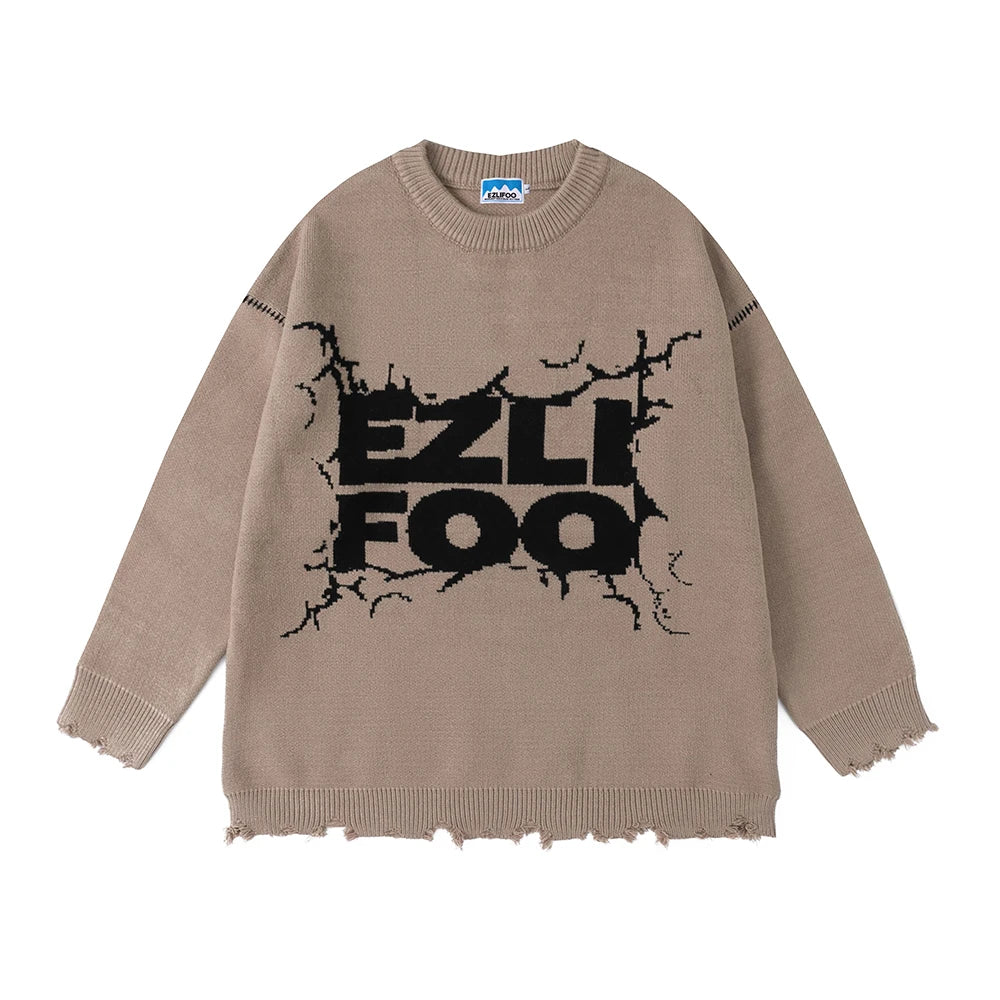 Wiaofellas Lightning Letter Print Autumn Baggy Woolen Sweater for Men and Women Vintage Streetwear Y2k Ropa Hombre Knitted Clothes Oversize
