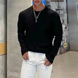 Wiaofellas Male Autumn Solid Color Shirts Clothing Men Casual O-neck Basic Tops t Shirts Streetwear Stylish Texture Long Sleeve Tees