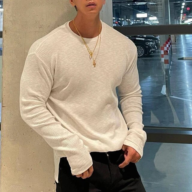 Wiaofellas Male Autumn Solid Color Shirts Clothing Men Casual O-neck Basic Tops t Shirts Streetwear Stylish Texture Long Sleeve Tees