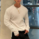 Wiaofellas Male Autumn Solid Color Shirts Clothing Men Casual O-neck Basic Tops t Shirts Streetwear Stylish Texture Long Sleeve Tees