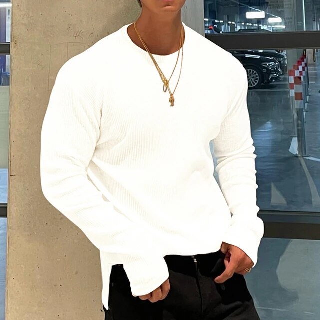Wiaofellas Male Autumn Solid Color Shirts Clothing Men Casual O-neck Basic Tops t Shirts Streetwear Stylish Texture Long Sleeve Tees