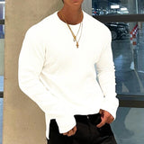 Wiaofellas Male Autumn Solid Color Shirts Clothing Men Casual O-neck Basic Tops t Shirts Streetwear Stylish Texture Long Sleeve Tees