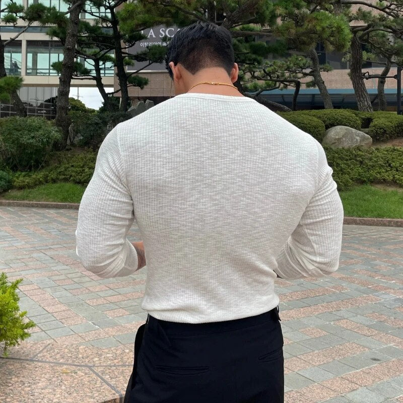 Wiaofellas Male Autumn Solid Color Shirts Clothing Men Casual O-neck Basic Tops t Shirts Streetwear Stylish Texture Long Sleeve Tees
