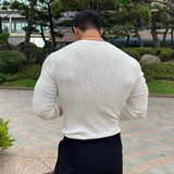 Wiaofellas Male Autumn Solid Color Shirts Clothing Men Casual O-neck Basic Tops t Shirts Streetwear Stylish Texture Long Sleeve Tees