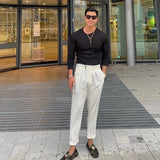 Wiaofellas Male Autumn Solid Color Shirts Clothing Men Casual O-neck Basic Tops t Shirts Streetwear Stylish Texture Long Sleeve Tees