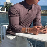 Wiaofellas Men Clothing Casual High Elastic Basic Tops Gym Male Fashion Long Sleeve Striped Pullovers Streetwear Turtleneck Shirts Tees