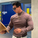 Wiaofellas Men Clothing Casual High Elastic Basic Tops Gym Male Fashion Long Sleeve Striped Pullovers Streetwear Turtleneck Shirts Tees