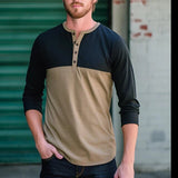 Wiaofellas Men Clothing Fashion Buttoned Crew Neck Top Shirts Simple Loose Tees t shirt Spring Autumn Long Sleeve Underneath Pullover