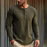 Wiaofellas Men Clothing Fashion Buttoned Crew Neck Top Shirts Simple Loose Tees t shirt Spring Autumn Long Sleeve Underneath Pullover