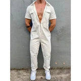 Wiaofellas Men Clothing Vintage Trousers Playsuits Streetwear Mens Overalls Romper Summer Fashion Loose Lapel Zipper Short Sleeve Jumpsuits
