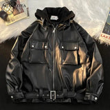 Wiaofellas Men Leather Jacket Long Sleeve American Vintage Hooded Jacket Streetwear PU Business Casual Motorcycle Jacket Coat Biker Jacket