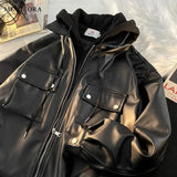 Wiaofellas Men Leather Jacket Long Sleeve American Vintage Hooded Jacket Streetwear PU Business Casual Motorcycle Jacket Coat Biker Jacket