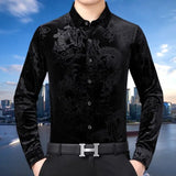 Wiaofellas Men Shirt Chinese Style Mighty Dragon Print Turn-down Collar Golden Velvet Plush Shirt For Daily Wear Cold And Warm Shirt