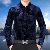 Wiaofellas Men Shirt Chinese Style Mighty Dragon Print Turn-down Collar Golden Velvet Plush Shirt For Daily Wear Cold And Warm Shirt