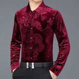 Wiaofellas Men Shirt Chinese Style Mighty Dragon Print Turn-down Collar Golden Velvet Plush Shirt For Daily Wear Cold And Warm Shirt