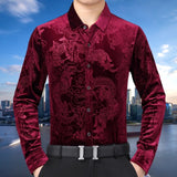 Wiaofellas Men Shirt Chinese Style Mighty Dragon Print Turn-down Collar Golden Velvet Plush Shirt For Daily Wear Cold And Warm Shirt