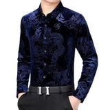 Wiaofellas Men Shirt Chinese Style Mighty Dragon Print Turn-down Collar Golden Velvet Plush Shirt For Daily Wear Cold And Warm Shirt