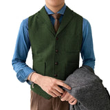 Wiaofellas Men Suit Green V Neck Vest Herringbone Tweed Waistcoat Notch Lapel With 3 Pockets Business Formal Waistcoat Groomsmen