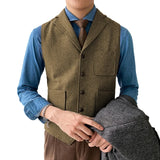 Wiaofellas Men Suit Green V Neck Vest Herringbone Tweed Waistcoat Notch Lapel With 3 Pockets Business Formal Waistcoat Groomsmen