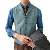 Wiaofellas Men Suit Green V Neck Vest Herringbone Tweed Waistcoat Notch Lapel With 3 Pockets Business Formal Waistcoat Groomsmen