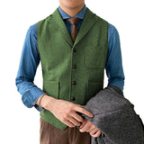 Wiaofellas Men Suit Green V Neck Vest Herringbone Tweed Waistcoat Notch Lapel With 3 Pockets Business Formal Waistcoat Groomsmen