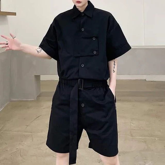 Wiaofellas Men Y2k Street One Piece Workwear Rompers Japanese Cityboy Tracksuits Summer Male Short Sleeve Shorts Genderless Cargo Jumpsuits