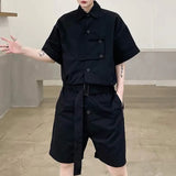 Wiaofellas Men Y2k Street One Piece Workwear Rompers Japanese Cityboy Tracksuits Summer Male Short Sleeve Shorts Genderless Cargo Jumpsuits