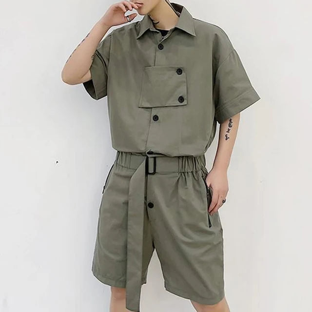 Wiaofellas Men Y2k Street One Piece Workwear Rompers Japanese Cityboy Tracksuits Summer Male Short Sleeve Shorts Genderless Cargo Jumpsuits