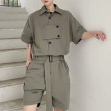 Wiaofellas Men Y2k Street One Piece Workwear Rompers Japanese Cityboy Tracksuits Summer Male Short Sleeve Shorts Genderless Cargo Jumpsuits