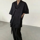 Wiaofellas Men's Casual Notched Collar Shirt New Summer Personality Black White Short Sleeve Shirts Korean Trend Tops