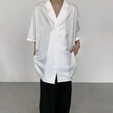 Wiaofellas Men's Casual Notched Collar Shirt New Summer Personality Black White Short Sleeve Shirts Korean Trend Tops