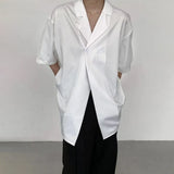 Wiaofellas Men's Casual Notched Collar Shirt New Summer Personality Black White Short Sleeve Shirts Korean Trend Tops