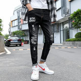 Wiaofellas Men’s Korea Ripped Denim Pants Beggar Style Printed Washed Ankle-length Pencil Jeans Men Fashion Print Jeans