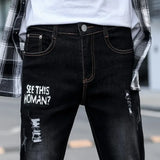 Wiaofellas Men’s Korea Ripped Denim Pants Beggar Style Printed Washed Ankle-length Pencil Jeans Men Fashion Print Jeans