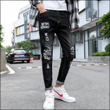 Wiaofellas Men’s Korea Ripped Denim Pants Beggar Style Printed Washed Ankle-length Pencil Jeans Men Fashion Print Jeans