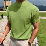 Wiaofellas Men's Korean Version Base Shirt Comfort Fashion Solid Color High Neck Short Sleeved T-shirt Casual Male Clothing Tees Streetwear