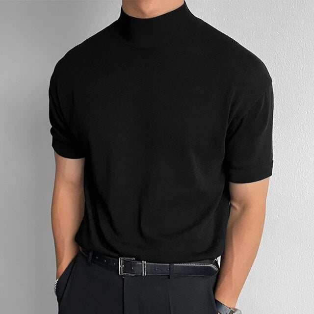 Wiaofellas Men's Korean Version Base Shirt Comfort Fashion Solid Color High Neck Short Sleeved T-shirt Casual Male Clothing Tees Streetwear