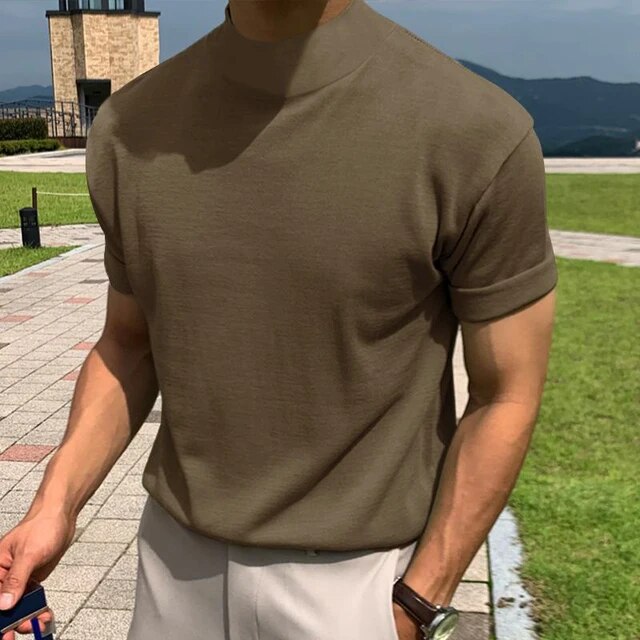 Wiaofellas Men's Korean Version Base Shirt Comfort Fashion Solid Color High Neck Short Sleeved T-shirt Casual Male Clothing Tees Streetwear