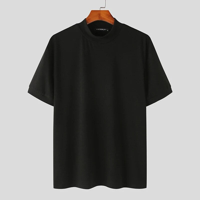 Wiaofellas Men's Korean Version Base Shirt Comfort Fashion Solid Color High Neck Short Sleeved T-shirt Casual Male Clothing Tees Streetwear
