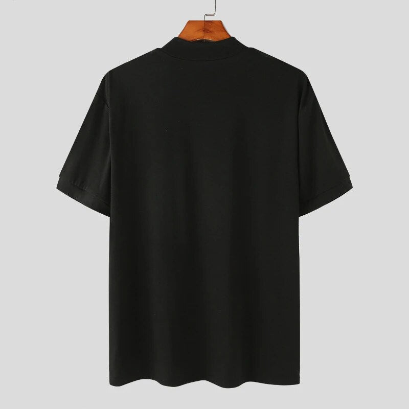 Wiaofellas Men's Korean Version Base Shirt Comfort Fashion Solid Color High Neck Short Sleeved T-shirt Casual Male Clothing Tees Streetwear