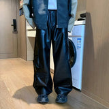 Wiaofellas Men's Leather Motorcycle Cargo Pants Multi-Pockets Black PU Pants Men Elastic Waist Mopping Trousers All-match Windproof