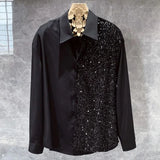 Wiaofellas Men's Long Sleeve Shirt Fashion Nightclub Party Sequin Shirt Trend LGBT Stitching Button Shirt Unisex Lapel Solid Color Blouse