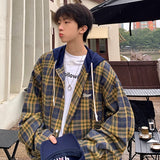 Wiaofellas Men Plaid Hooded Long Sleeve Shirts Spring New Korean Shirt Neutral Woman Gothic Fashion Casual Oversize Hip Hop Shirt Coat