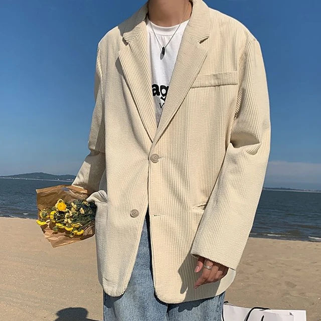Wiaofellas Men's Trendy Hong Kong Style Suit Collar Corduroy Jacket Autumn Loose Comfortable Elegant Versatile Casual Solid Simple Suit