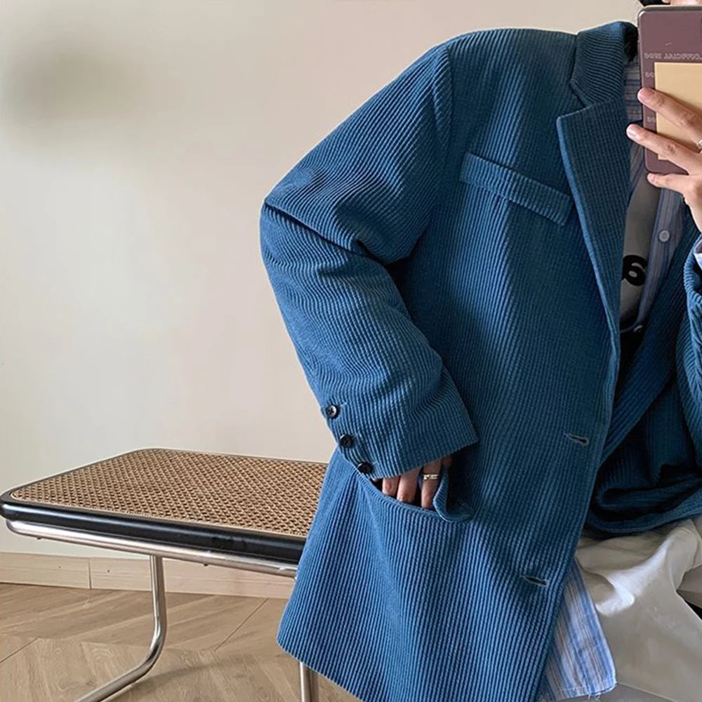 Wiaofellas Men's Trendy Hong Kong Style Suit Collar Corduroy Jacket Autumn Loose Comfortable Elegant Versatile Casual Solid Simple Suit