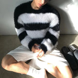 Wiaofellas Mens Autumn Winter Y2k Striped Imitation Mink Knitted Sweater New Essentials Casual Comfortable Simple Sweater For Men