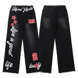 Wiaofellas New Arrivals for Autumn and Winter American Streetwear Hip-Hop Straight Wide Leg Star Print Water Washing Process Jeans
